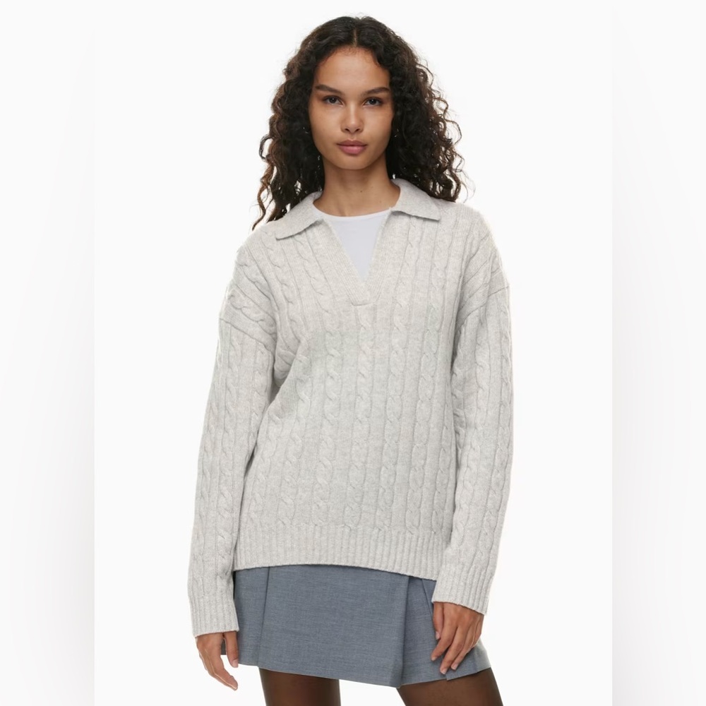 Aritzia Sunday Best Wool Light Gray V-Neck Cable Knit Sweater Cotagecore Size S